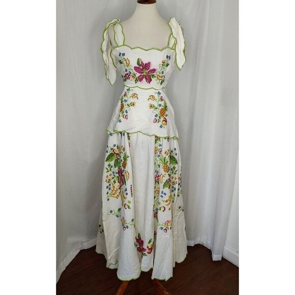 Farm Rio Maxi Dress XL Tropical Romance Needlepoint Cut-Out Linen White Floral - Picture 7 of 16